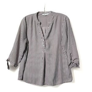 Blashe Striped Blouse Womens M Brown Pinstripe Mandarin Collar V Neck Tie Sleeve